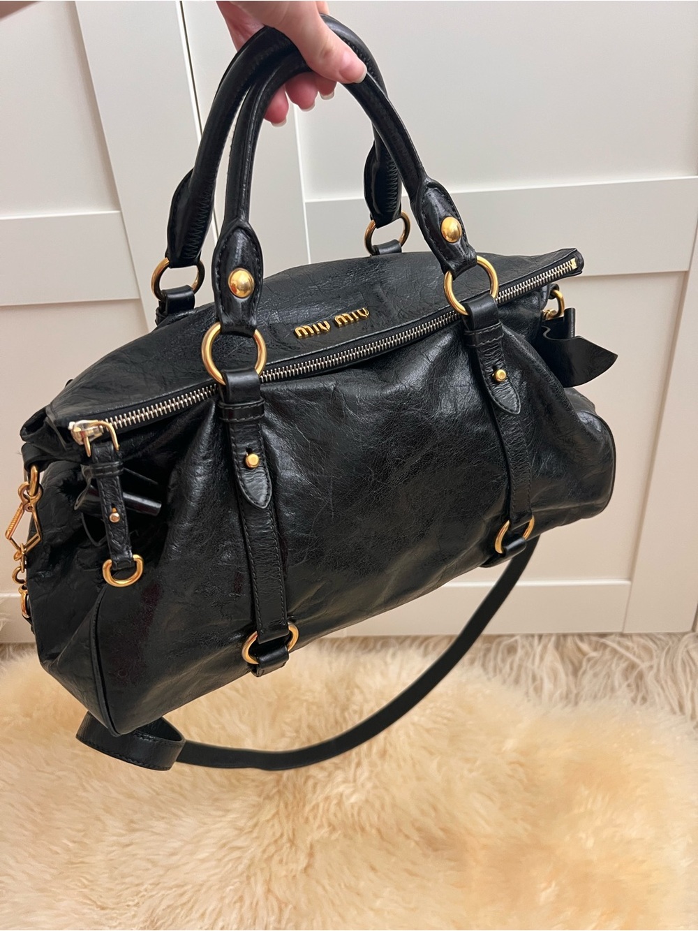 Miu Miu Vitello Lux Black Leather Side Ribbon Bow 2Way Shoulder Bag Archive Y2K